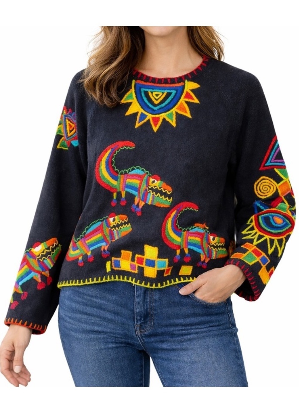 MICHAEL SIMON Vintage Animal Sweater Colorful Embroidered Novelty Folk Art Small